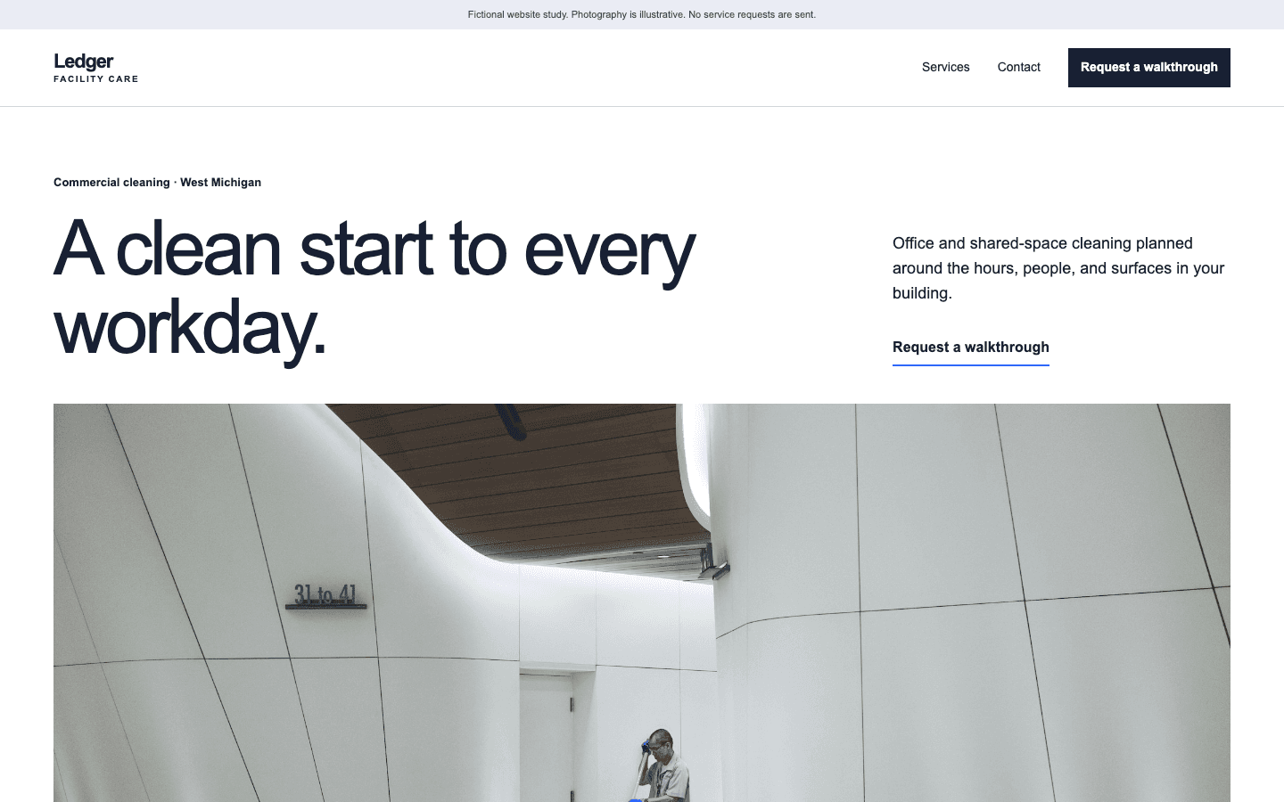 Preview of the fictional Ledger Facility Care website study