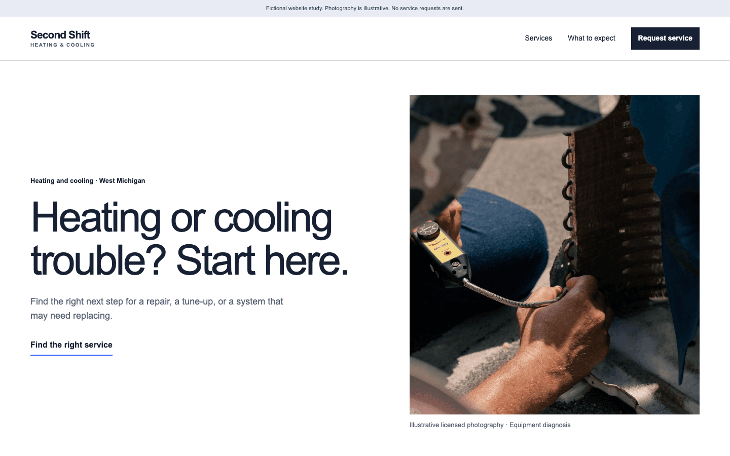 Preview of fictional Second Shift Heating and Cooling website