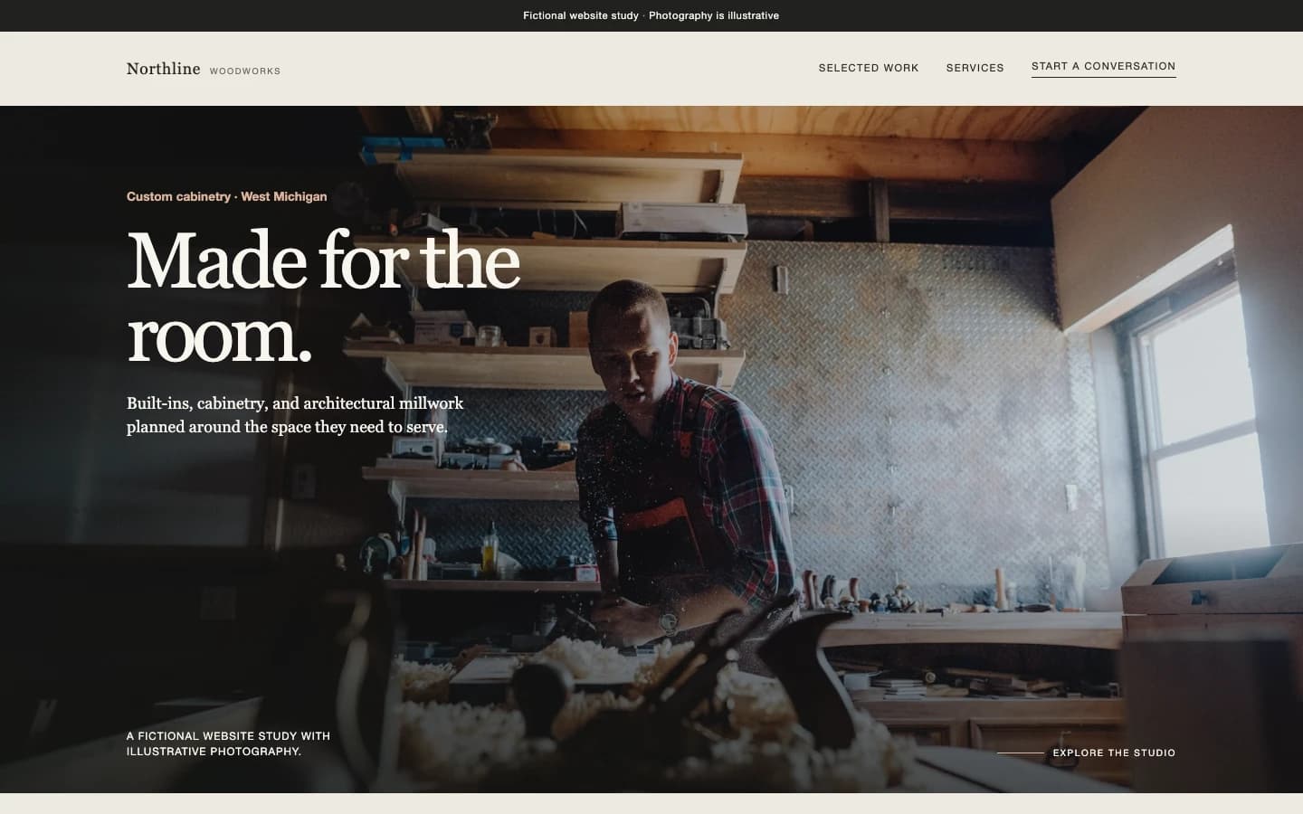 Preview of the fictional Northline Woodworks website study, with illustrative workshop photography