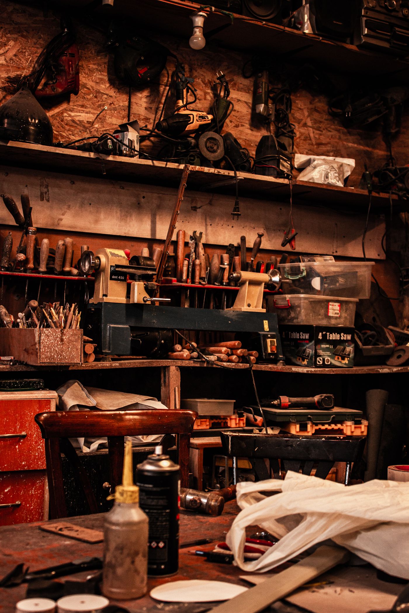 Hand tools hanging in a woodworking shop